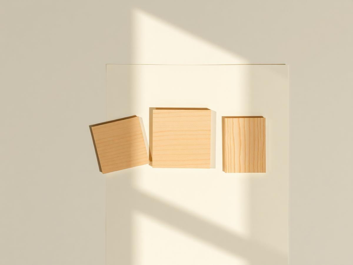 Plywood and laminate samples laid out on a bench