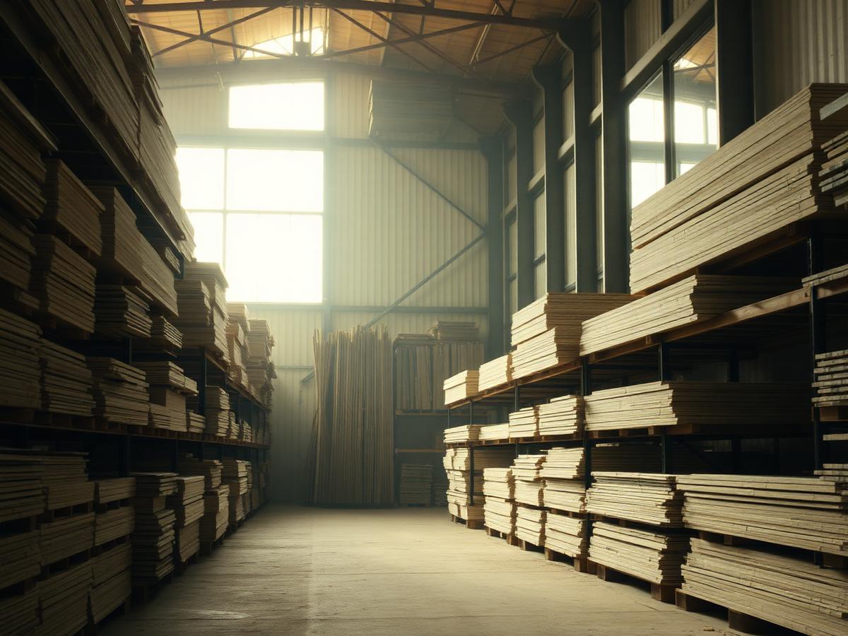 Stacked plywood sheets in a daylit godown